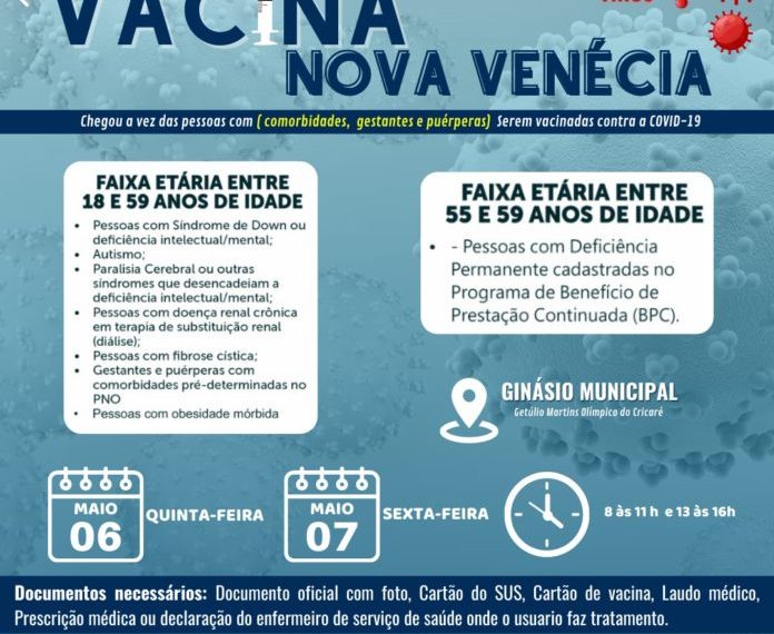 Nova Venécia inicia vacinação contra Covid-19 para pessoas com comorbidades nesta quinta e sexta