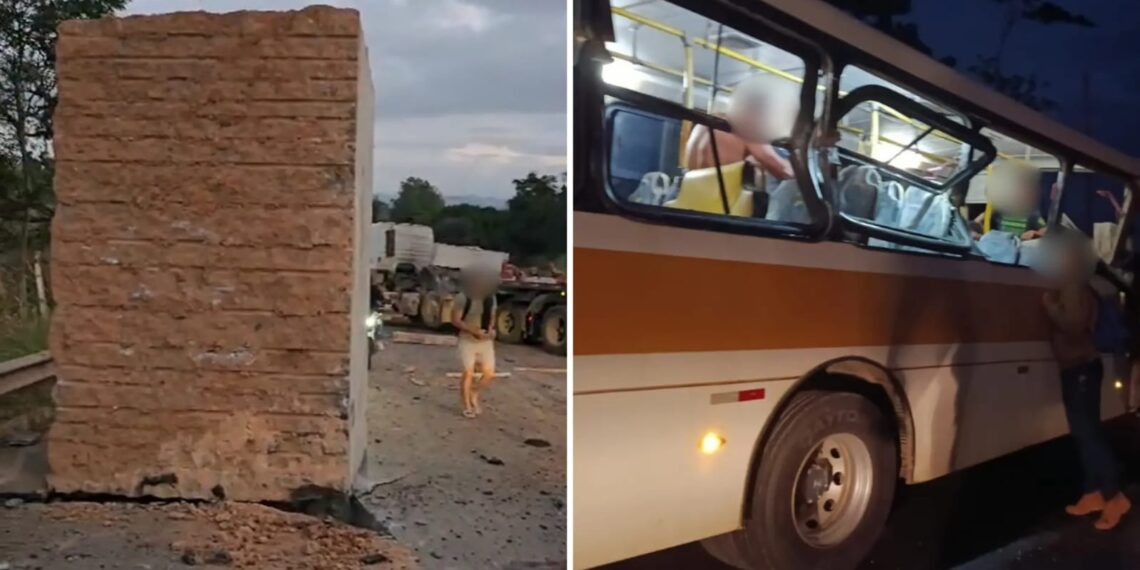 Pedra se desprende de carreta e atinge ônibus com 43 trabalhadores em Colatina