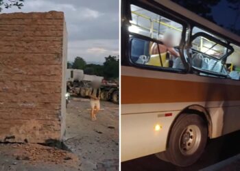 Pedra se desprende de carreta e atinge ônibus com 43 trabalhadores em Colatina